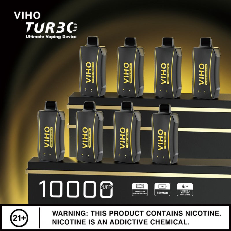 Viho Turbo 10000 puff 5% (50 mg) nicotine rechargeable display of black and gold addition flavors