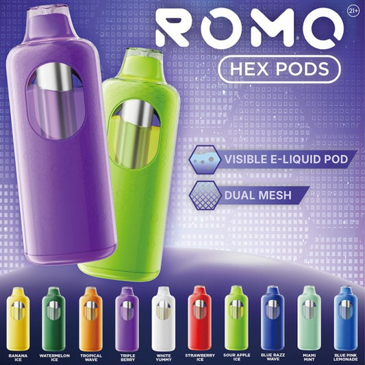 ROMO Hex 50K Disposable Pod 5% (Display Box of 5) pod only E-Juice Corner | Buy Vape Juice, E-Liquids & Disposables ROMO Hex 50K Disposable Pod 5% (Display Box of 5) pod only E-Juice Corner | Buy Vape Juice, E-Liquids & Disposables